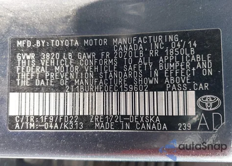 2014 Toyota Corolla S Plus from USA, damaged, VIN 2T1BURHE0EC159602